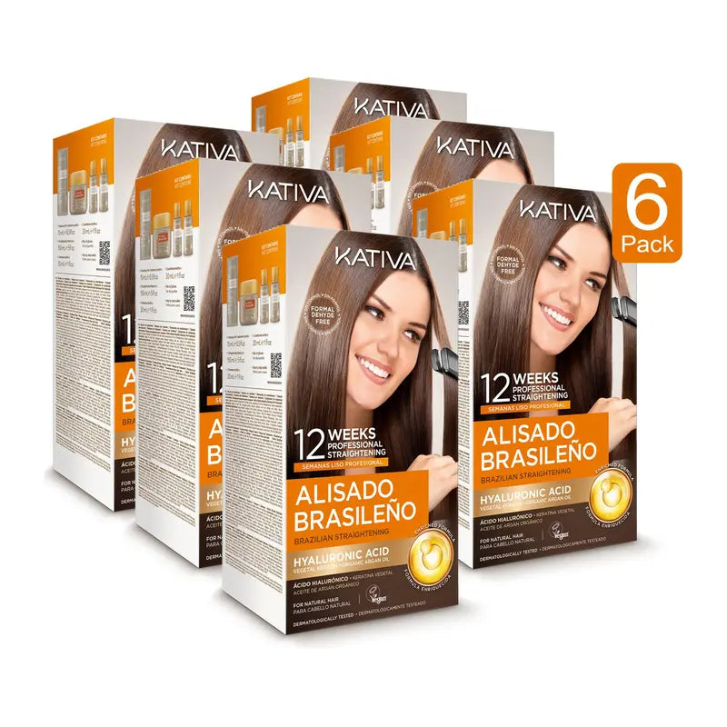 Kativa 6-Pack Brazilian Straightening Natural Keratin Kit, 1350ml Argan Oil & Amino Acids Infused Ammonia-Free Haircare Product for Frizz Control, Easy Application, Home Use for Adults, All Hair Types