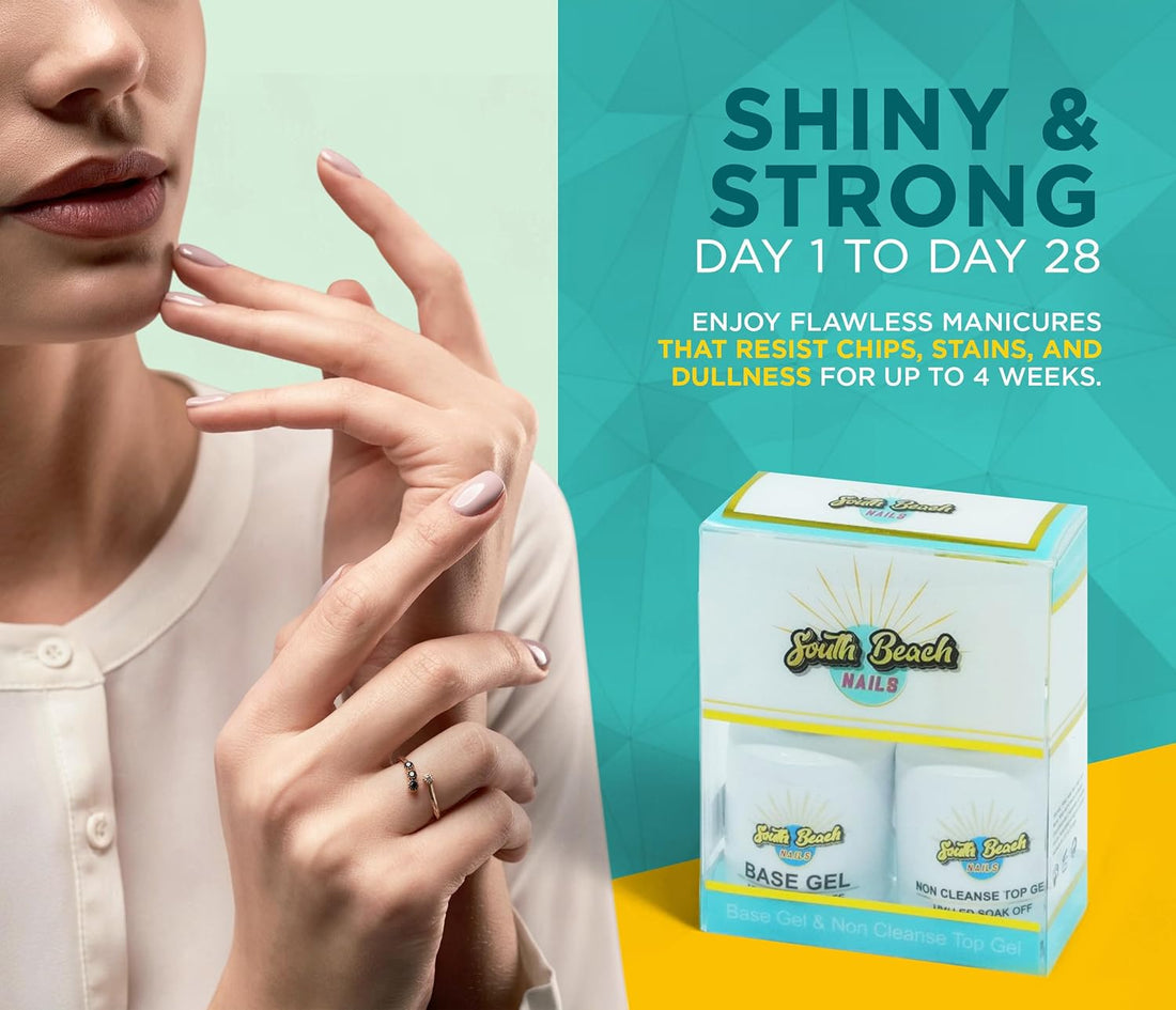 South Beach Nails Base Gel & Non Cleanse Top Gel Set – Professional Nail Polish Kit – LED/UV Compatible – Long-Lasting Shine – 2 x 15ml Bottles