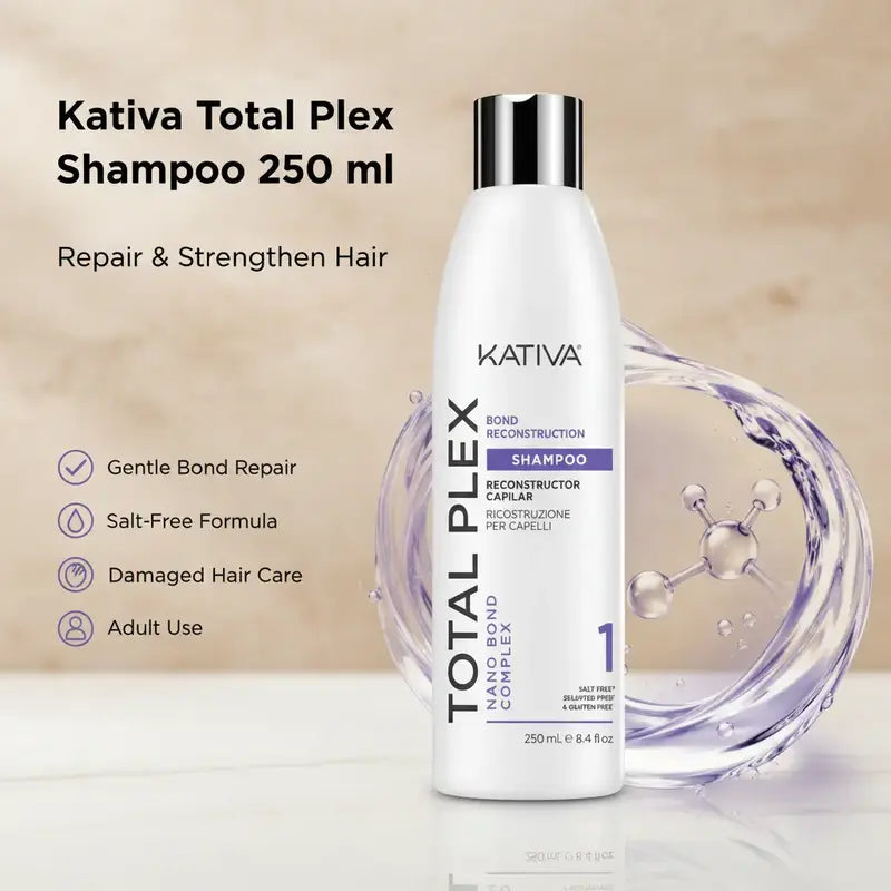 Kativa Total Plex Liquid Shampoo - 250ml Gentle Bond Repair Cleanser for Adults, Nano Bond Complex, Salt-Free Sulfate-Free Color-Safe Strengthening Shampoo, Single Item