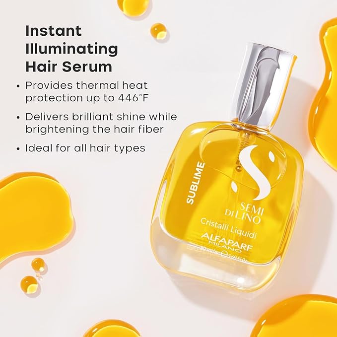 Alfaparf Milano Semi di Lino Sublime Cristalli Liquidi Hair Oil Serum with Thermal Protection - Anti Frizz Hair Serum &amp; Smoothing Heat Protectant Spray with Vitamin E for Frizzy Hair