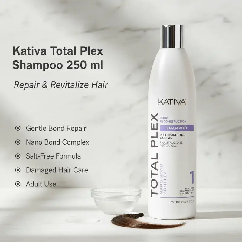 Kativa Total Plex Liquid Shampoo - 250ml Gentle Bond Repair Cleanser for Adults, Nano Bond Complex, Salt-Free Sulfate-Free Color-Safe Strengthening Shampoo, Single Item