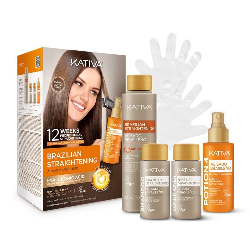 KATIVA Brazilian Keratin Straightening Kit - Alisado Brasileño Keratina + Potion 4 Heat Protectant Serum, Smoothing, Anti Frizz, Hyaluronic Acid, Argan Oil, Vegan, Up to 12 Weeks