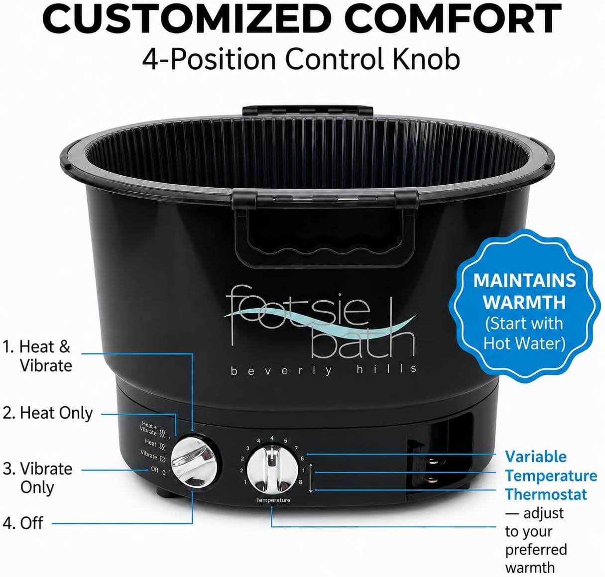 Footsie Bath™ Beverly Hills Professional Pedicure Foot Spa with Disposable Liners – Ultra-Sonic Vibration, Variable Temperature Thermostat &amp; 30-Min Timer – 5 Liners &amp; Carrier Basket Included