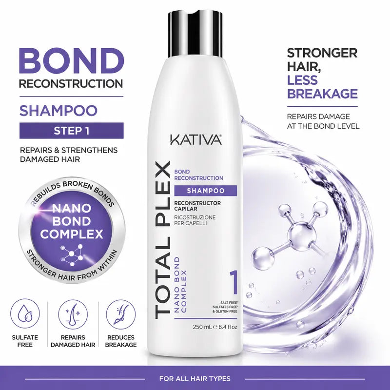 Kativa Total Plex Liquid Shampoo - 250ml Gentle Bond Repair Cleanser for Adults, Nano Bond Complex, Salt-Free Sulfate-Free Color-Safe Strengthening Shampoo, Single Item