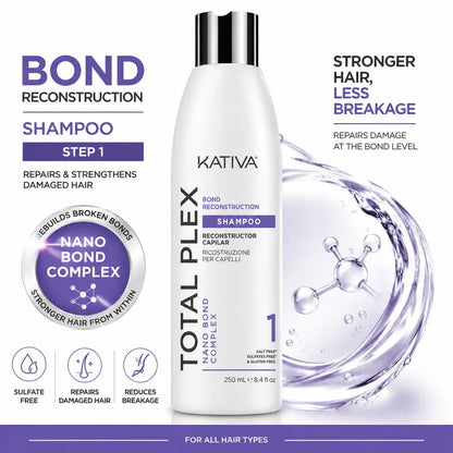 Kativa Total Plex Liquid Shampoo - 250ml Gentle Bond Repair Cleanser for Adults, Nano Bond Complex, Salt-Free Sulfate-Free Color-Safe Strengthening Shampoo, Single Item