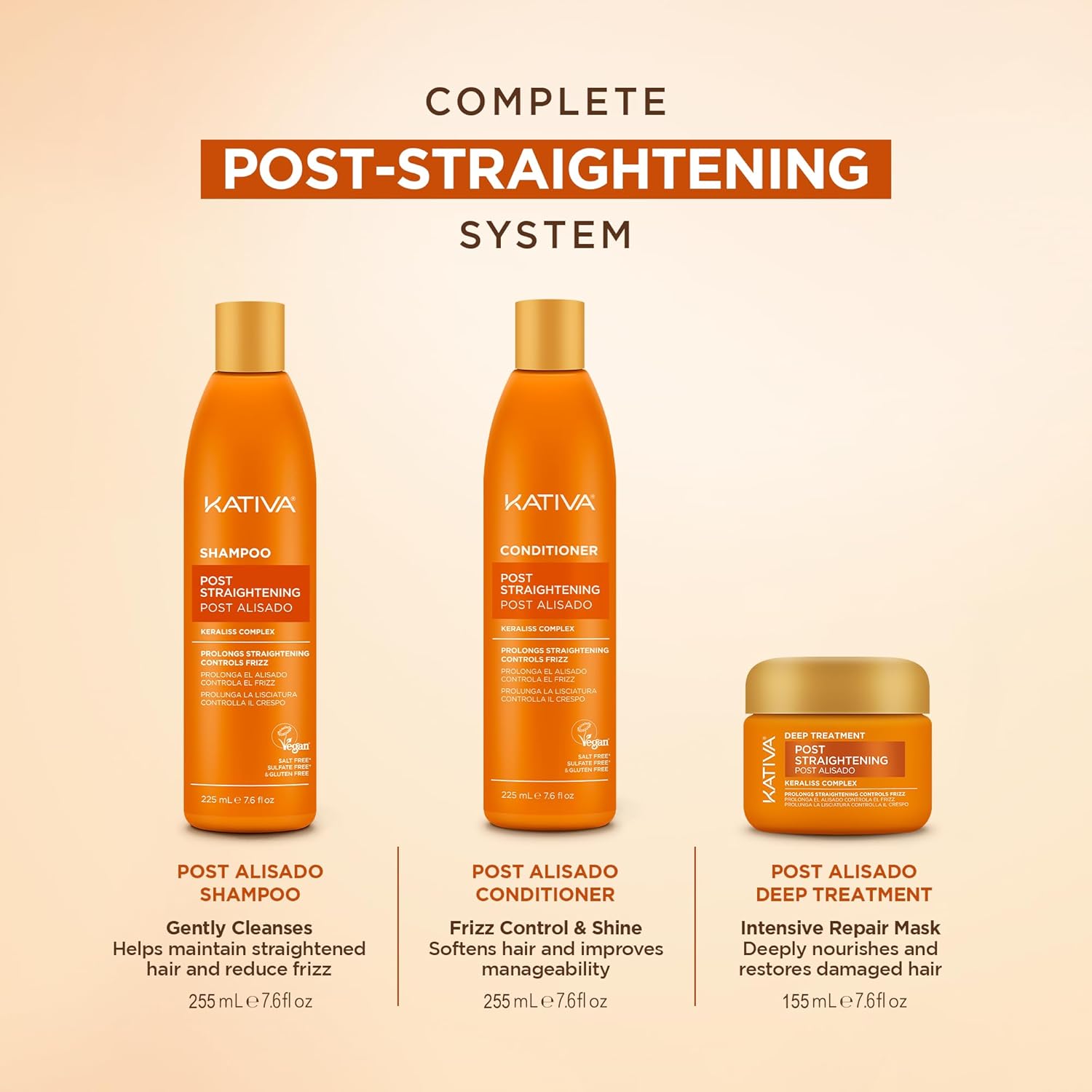 KATIVA Brazilian Post Straightening Treatment Kit, Shampoo, Conditioner &amp; Mask, Keraliss Complex with Vegetal Keratin &amp; Hyaluronic Acid, Helps Prolong Straightening up to 18 Weeks