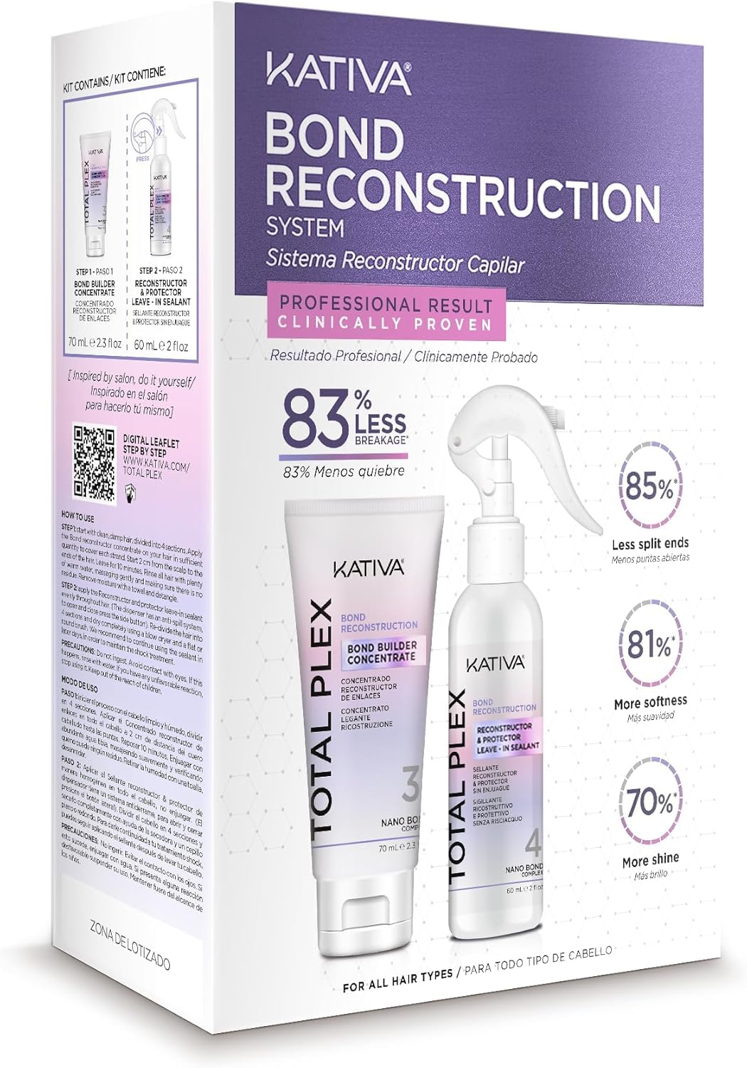 KATIVA Total Plex Bond Repair Kit, 2 Step Concentrate and Sealer Treatment, Rebuilds, Strengthens and Seals Damaged Hair, Nano Bond Complex for Breakage, Split Ends, Softness and Shine