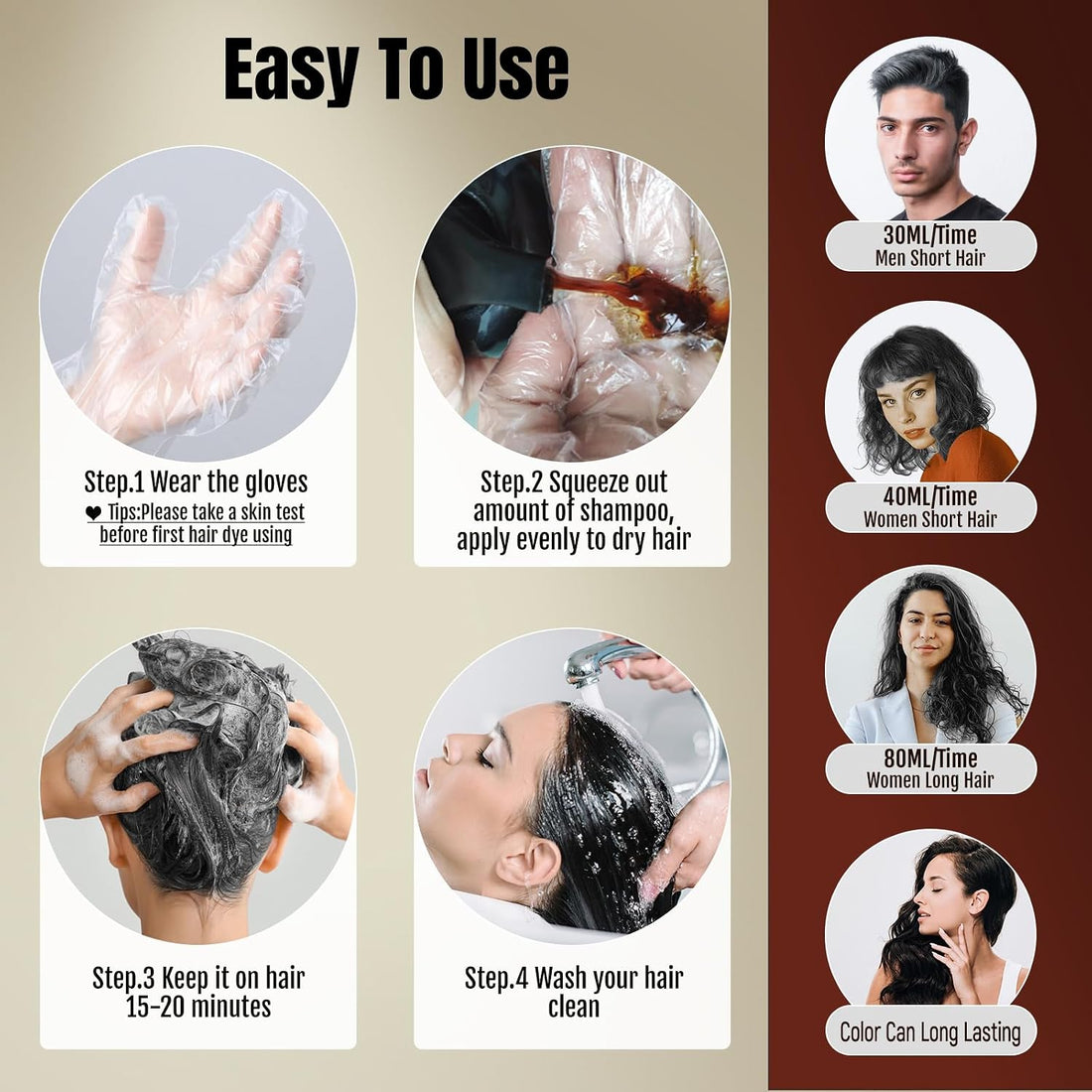 MEIDU Dark Brown Hair Color Shampoo for Gray Coverage, Instant 3-in-1 Hair Dye for Women (16.9 Fl oz)