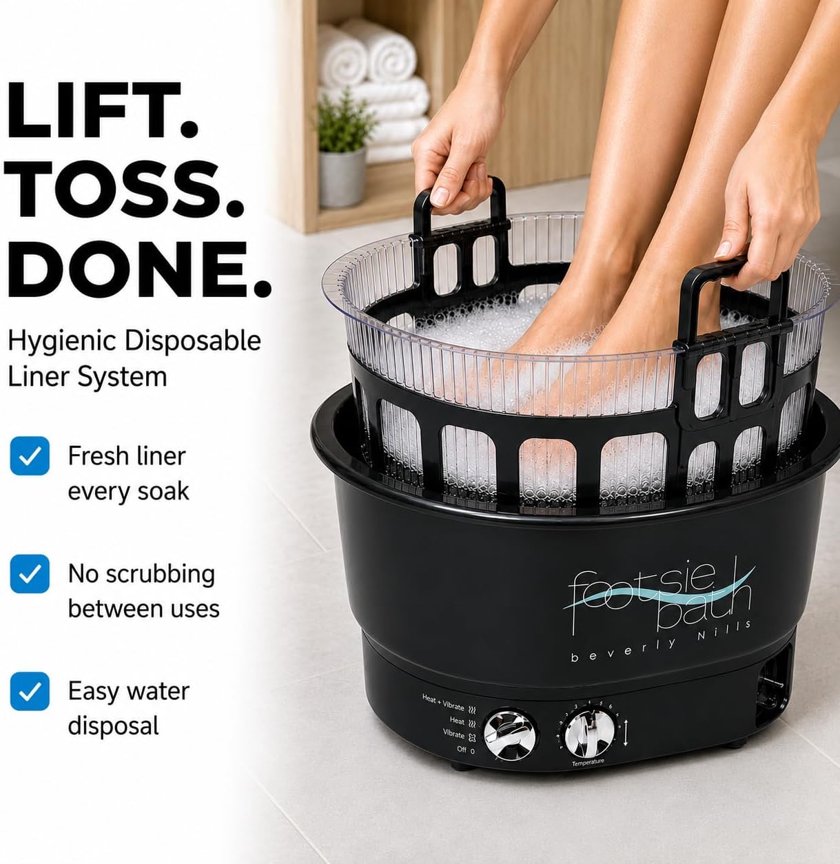 Footsie Bath™ Beverly Hills Professional Pedicure Foot Spa with Disposable Liners – Ultra-Sonic Vibration, Variable Temperature Thermostat &amp; 30-Min Timer – 5 Liners &amp; Carrier Basket Included