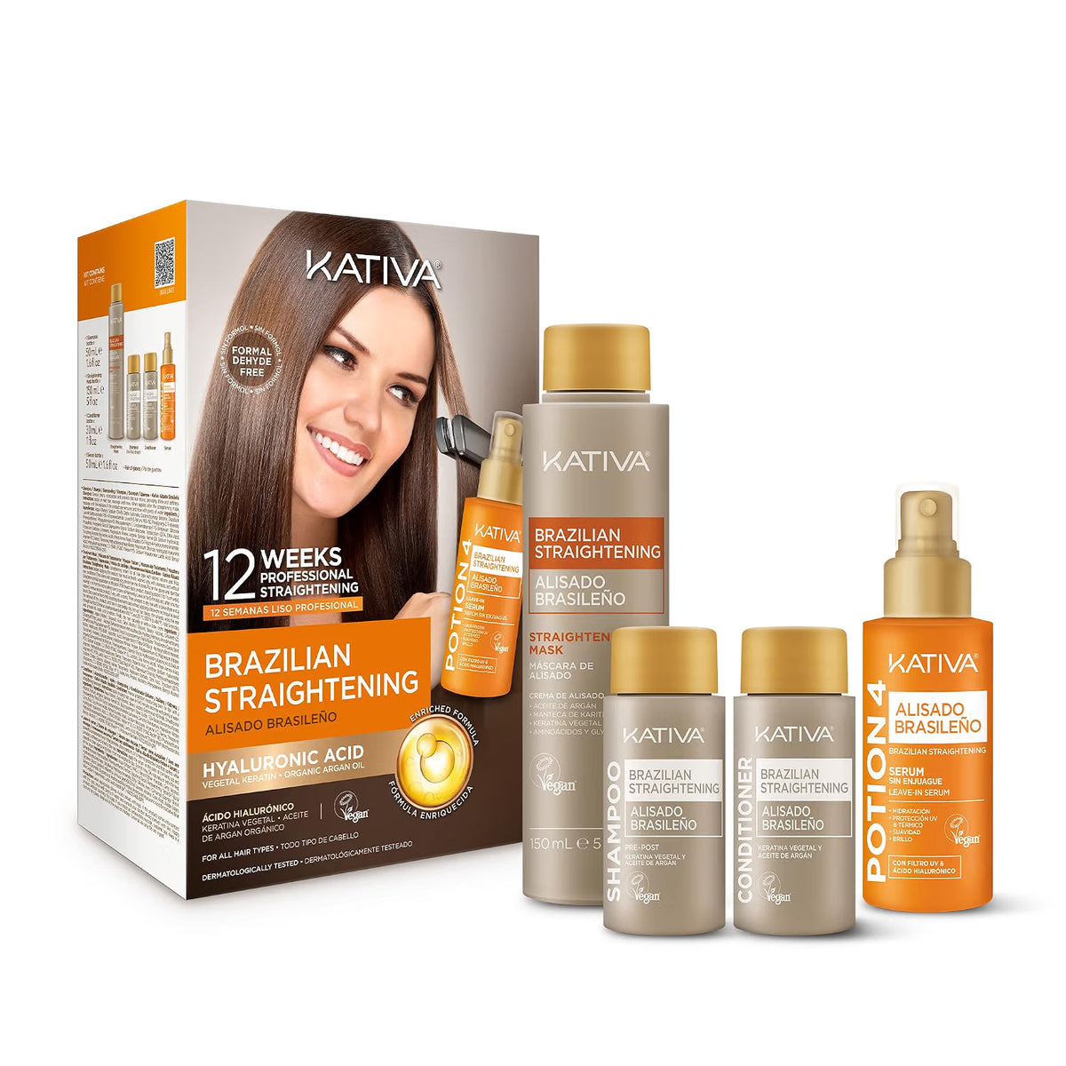 KATIVA Brazilian Keratin Straightening Kit - Alisado Brasileño Keratina + Potion 4 Heat Protectant Serum, Smoothing, Anti Frizz, Hyaluronic Acid, Argan Oil, Vegan, Up to 12 Weeks