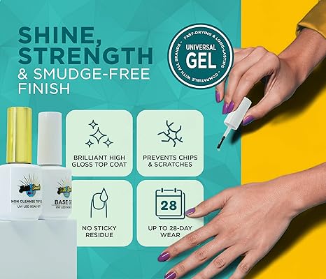 South Beach Nails Base Gel &amp; Non Cleanse Top Gel Set – Professional Nail Polish Kit – LED/UV Compatible – Long-Lasting Shine – 2 x 15ml Bottles