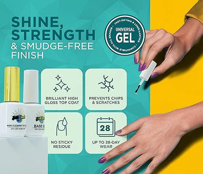 South Beach Nails Base Gel &amp; Non Cleanse Top Gel Set – Professional Nail Polish Kit – LED/UV Compatible – Long-Lasting Shine – 2 x 15ml Bottles