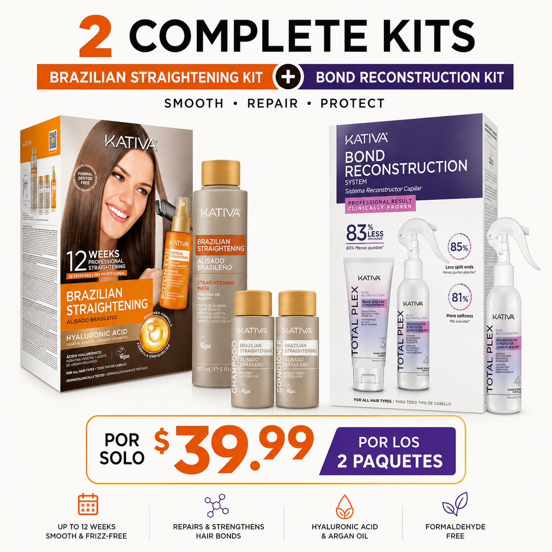 KATIVA 2 Complete Kits Bundle – Brazilian Straightening Kit + Bond Reconstruction Kit | Hair Smoothing, Repair &amp; Anti-Frizz | Hyaluronic Acid, Argan Oil
