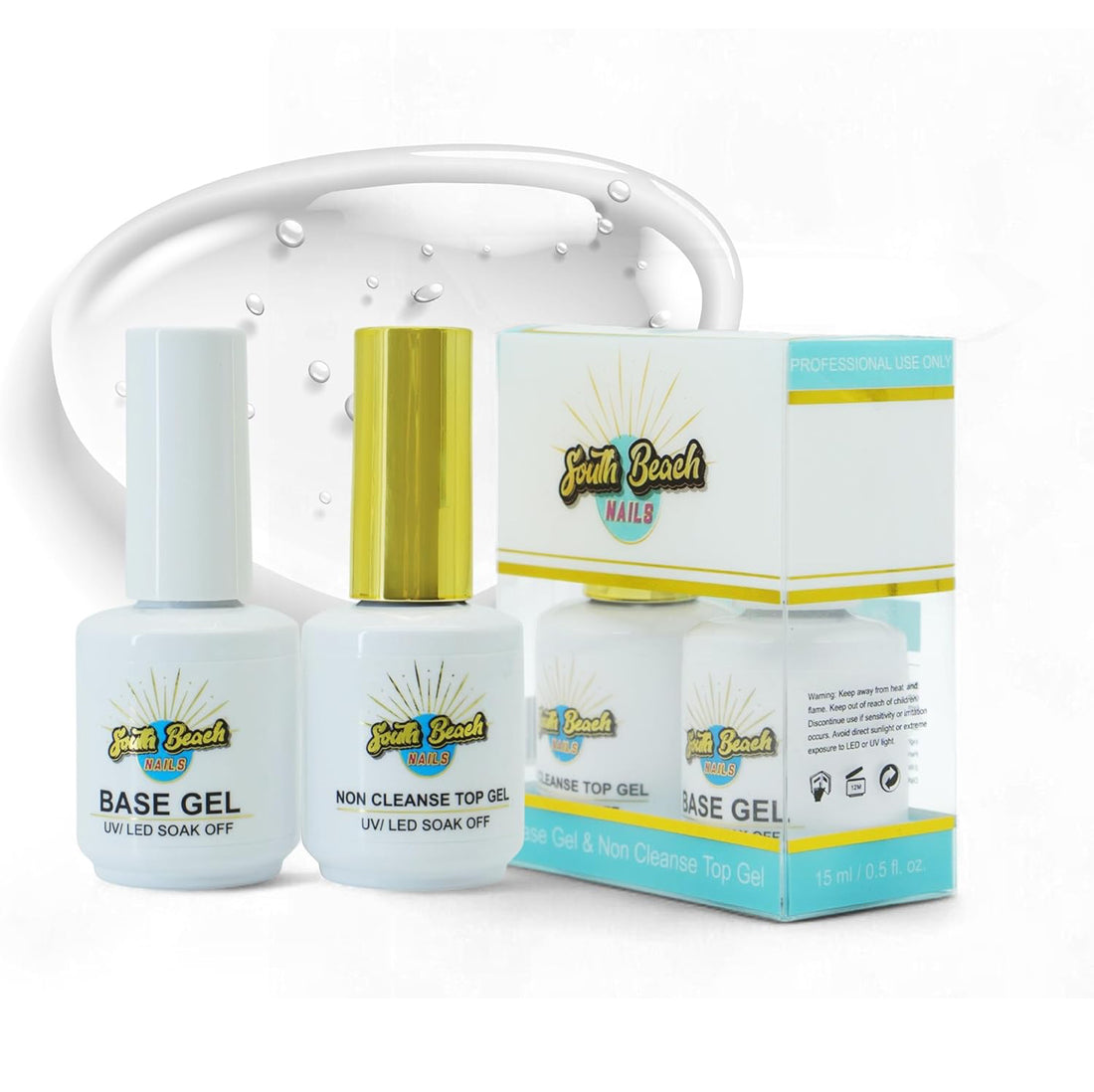 South Beach Nails Base Gel & Non Cleanse Top Gel Set – Professional Nail Polish Kit – LED/UV Compatible – Long-Lasting Shine – 2 x 15ml Bottles