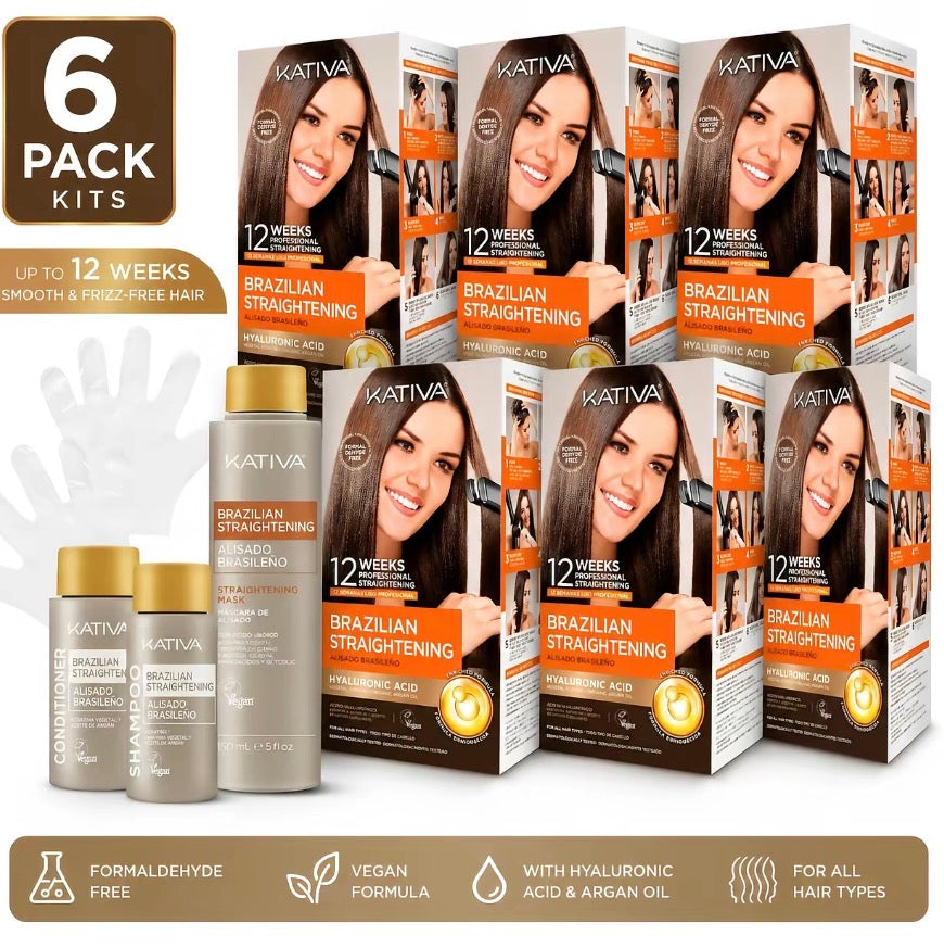 Kativa Brazilian Keratin Straightening Kit, 6 Full Kits (1350 mL) | Professional Formaldehyde-Free Hair Smoothing System for Frizz Control & Long-Lasting Shine | For All Hair Types