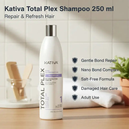 Kativa Total Plex Liquid Shampoo - 250ml Gentle Bond Repair Cleanser for Adults, Nano Bond Complex, Salt-Free Sulfate-Free Color-Safe Strengthening Shampoo, Single Item