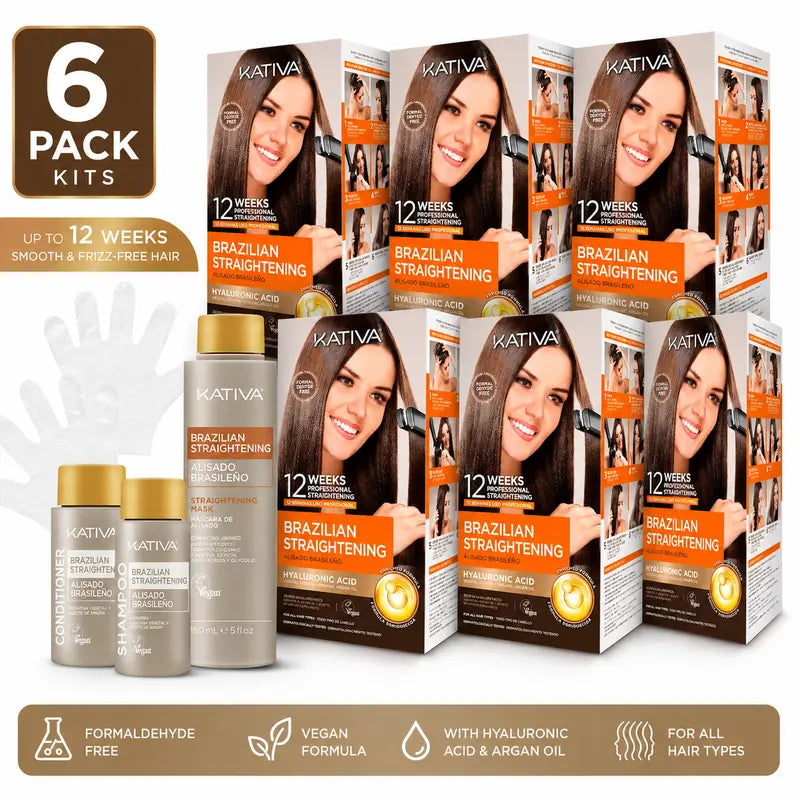 Kativa 6-Pack Brazilian Straightening Natural Keratin Kit, 1350ml Argan Oil &amp; Amino Acids Infused Ammonia-Free Haircare Product for Frizz Control, Easy Application, Home Use for Adults, All Hair Types