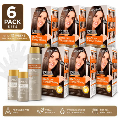 Kativa 6-Pack Brazilian Straightening Natural Keratin Kit, 1350ml Argan Oil &amp; Amino Acids Infused Ammonia-Free Haircare Product for Frizz Control, Easy Application, Home Use for Adults, All Hair Types