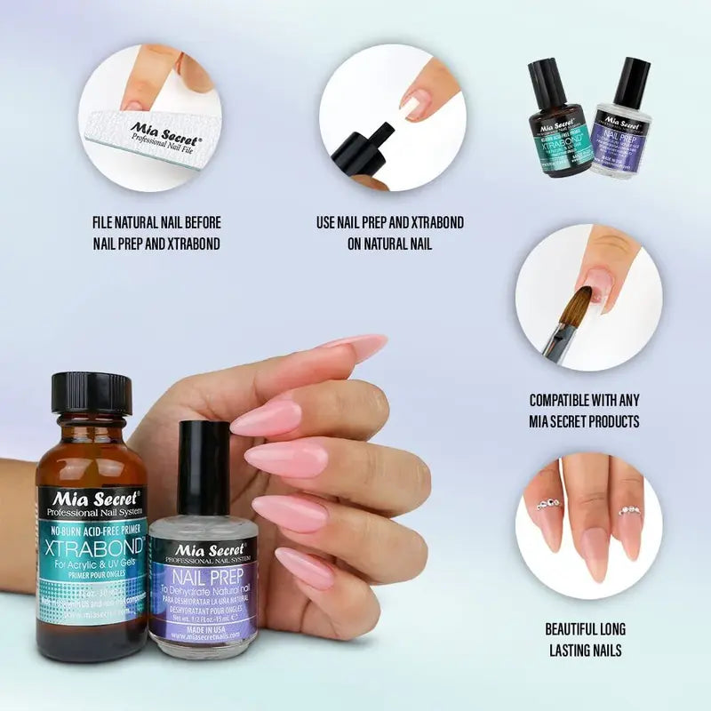 Mia Secret 2-Bottle Nail Prep &amp; Xtrabond Primer Multi-Pack - 0.5oz NP-30 Prep (Removes Oil), 0.5oz PR100 Primer for Gel Nails, Cuticle Care, Better Adhesion, Manicure at Home